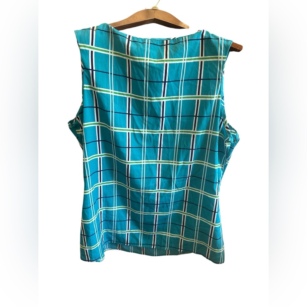 Women’s Teal Plaid Sleeveless Top Size XL Casual Pleated Preppy Tank Top Blouse - Picture 3 of 5